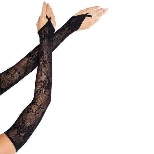 LEG AVENUE - EXTRA LONG ARM WARMER GLOVES WITH FLORAL LACE, BLACK