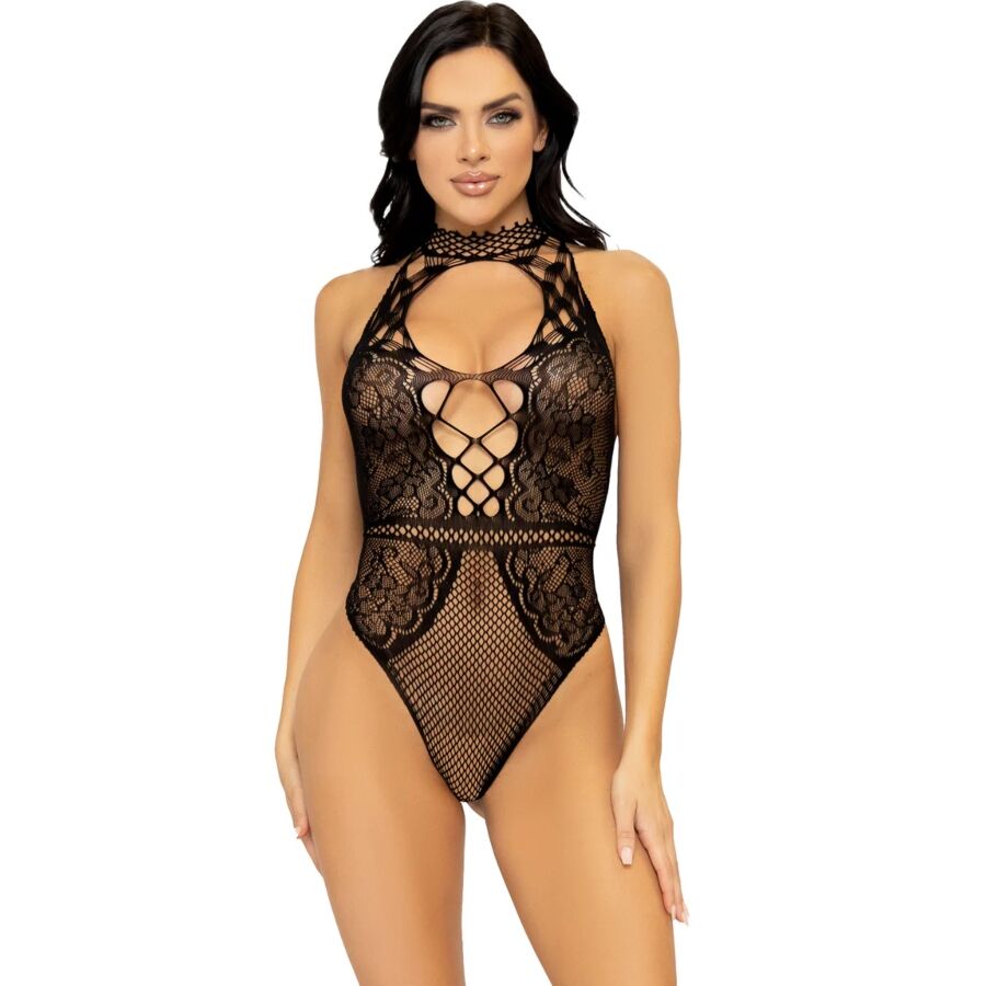 LEG AVENUE - FISHNET AND LACE KEYHOLE HALTER BODIES, ONE SIZE