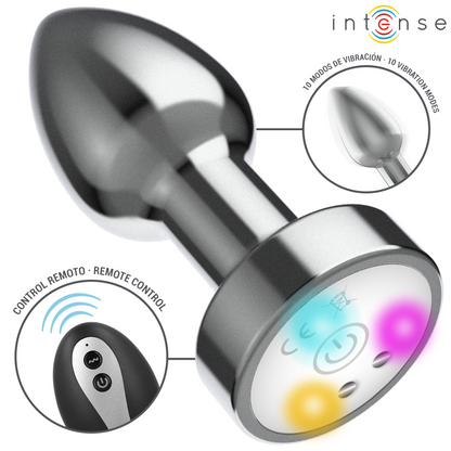 INTENSE - VIBRIERENDER ANALPLUG AUS METALL MIT LED-LEUCHTEN UND FERNBEDIENUNG - GRÖSSE M