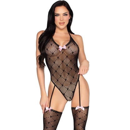 LEG AVENUE - 89360 OPEN BACK BODYSUIT WITH GARTER BELT BLACK - ONE SIZE