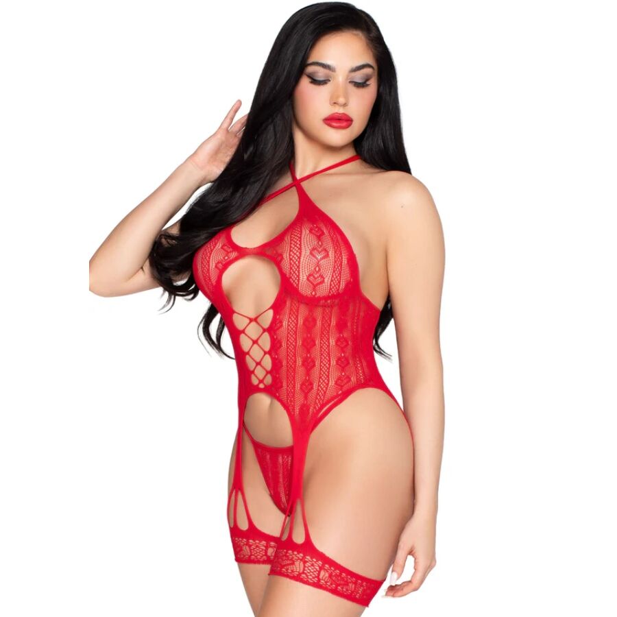 LEG AVENUE - 89338 OPEN LACE BODYSUIT WITH GARTER BELT + THONG RED - ONE SIZE