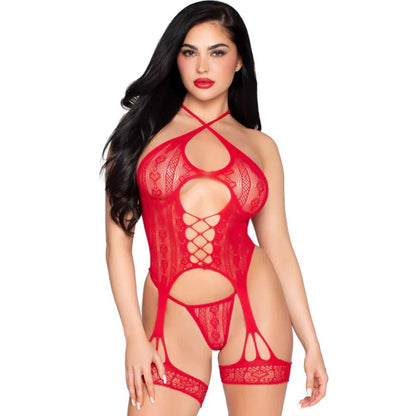 LEG AVENUE - 89338 OPEN LACE BODYSUIT WITH GARTER BELT + THONG RED - ONE SIZE