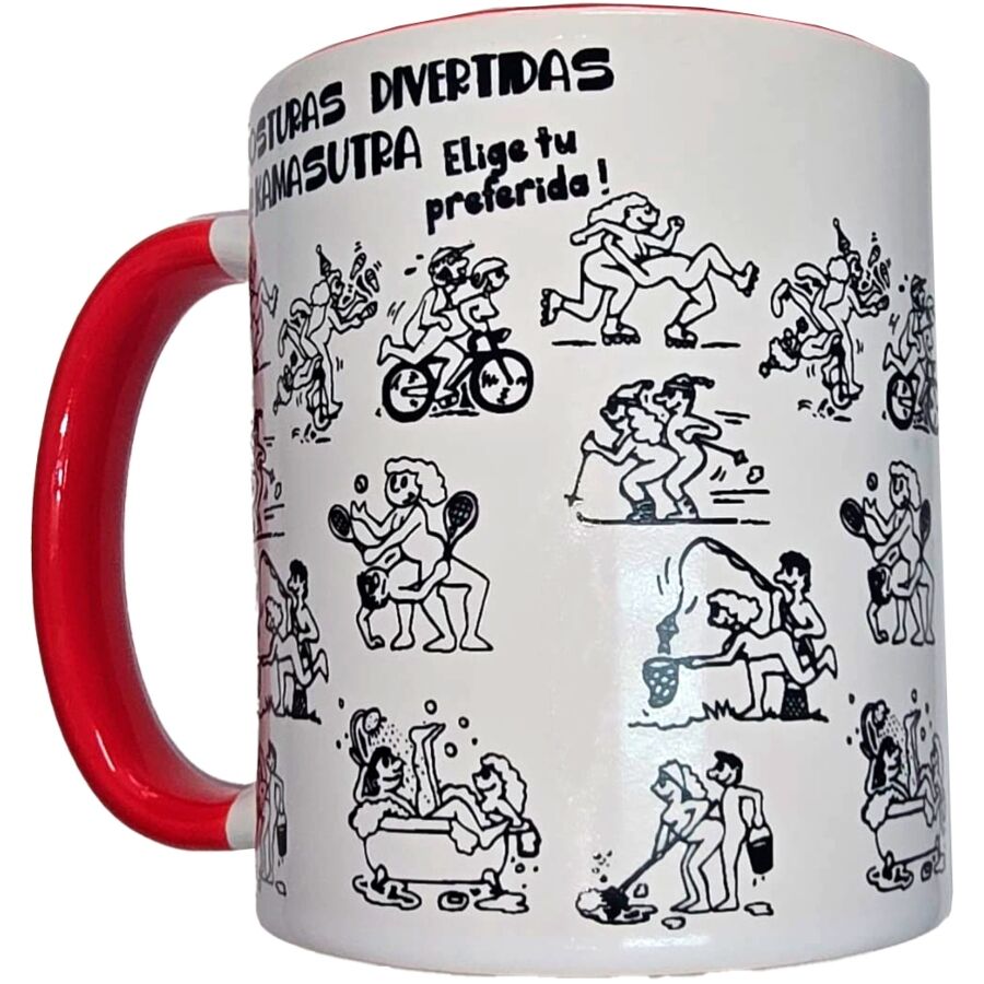 DIABLO PICANTE - WHITE MUG WITH KAMASUTRA POSITIONS AND RED HANDLE 370 ML