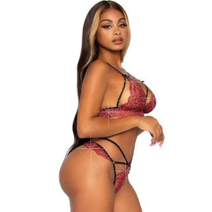 LEG AVENUE - 81623 BRA + THONG SET, BURGUNDY, SIZE L