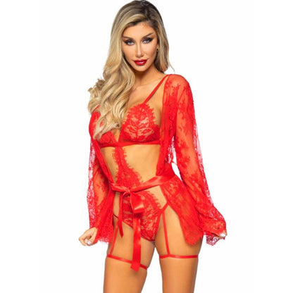 LEG AVENUE - 86123 TEDDY AND GARTER ROBE SET, RED, SIZE S