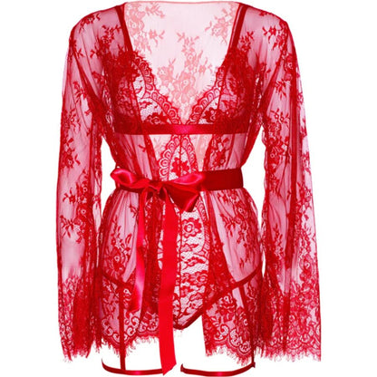 LEG AVENUE - 86123 TEDDY AND GARTER ROBE SET, RED, SIZE S