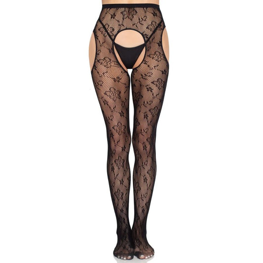 LEG AVENUE - 1967 BLOOM NET TIGHTS WITH GARTER BELT, BLACK - ONE SIZE