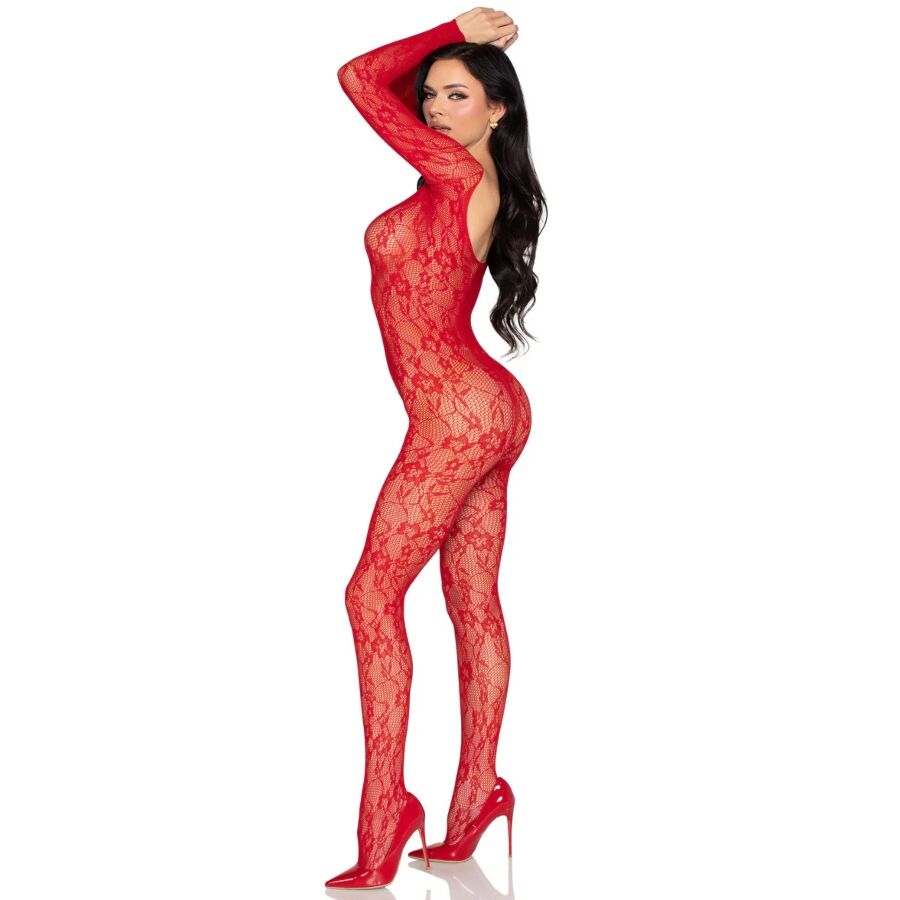 LEG AVENUE - 89366 LACE TEDDY BODYSTOCKING, RED - ONE SIZE
