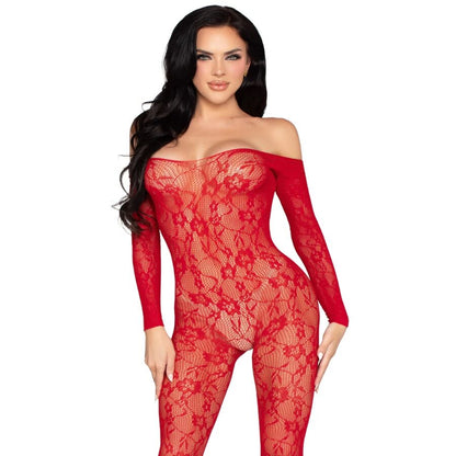 LEG AVENUE - 89366 LACE TEDDY BODYSTOCKING, RED - ONE SIZE