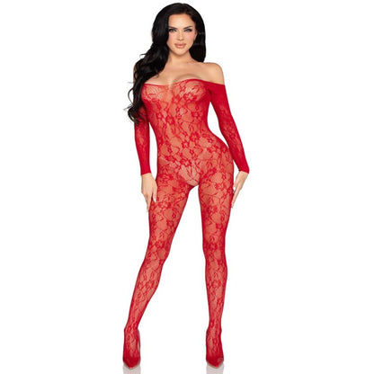 LEG AVENUE - 89366 LACE TEDDY BODYSTOCKING, RED - ONE SIZE
