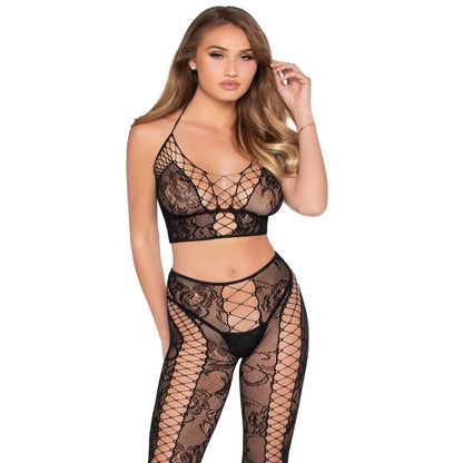 LEG AVENUE - 89368 FISHNET AND LACE CROP TOP AND PANTY SET, BLACK - ONE SIZE