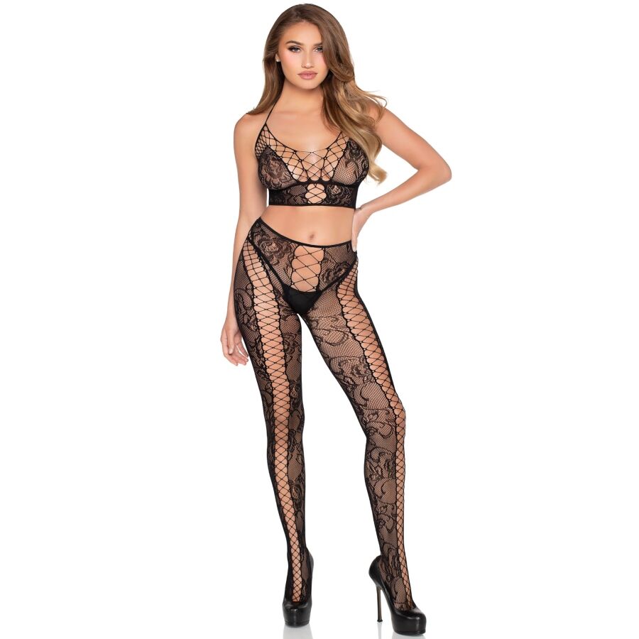 LEG AVENUE - 89368 FISHNET AND LACE CROP TOP AND PANTY SET, BLACK - ONE SIZE