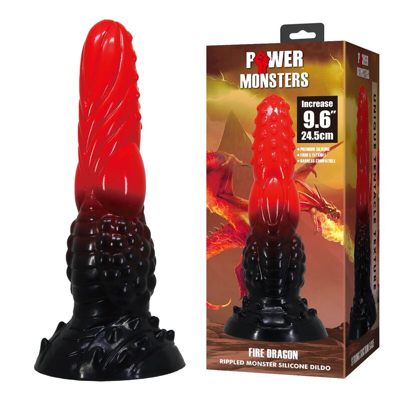 POWER MONSTERS – FEUERDRACHEN-FANTASIE-DILDO MIT SAUGNAPF 24,5 CM Ø 5,8 CM ROT &amp; SCHWARZ