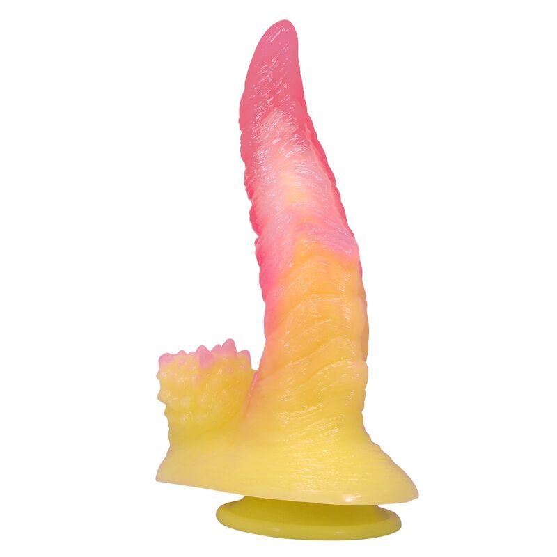 POWER MONSTERS - RIPPLIED MONSTER FANTASY DILDO MIT SAUGKAPSEL 22,5 CM Ø 5,5 CM PINK &amp; GELB