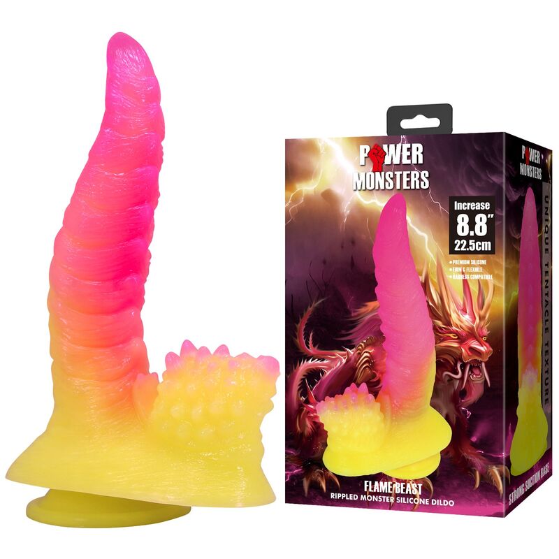 POWER MONSTERS - RIPPLIED MONSTER FANTASY DILDO MIT SAUGKAPSEL 22,5 CM Ø 5,5 CM PINK &amp; GELB