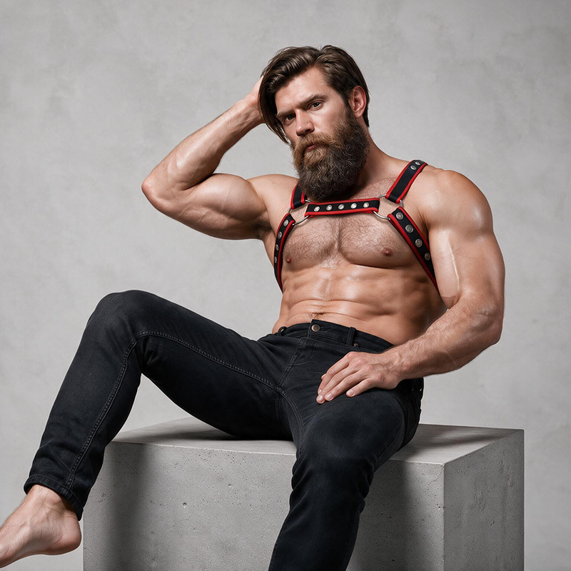 FETISH SUBMISSIVE ATTITUDE - BRUST-BULLDOG-GESCHIRR AUS ÖKOLEDER FÜR HERREN, SCHWARZ/ROT