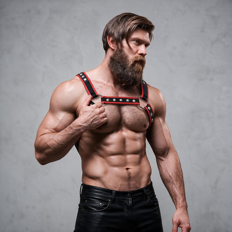 FETISH SUBMISSIVE ATTITUDE - BRUST-BULLDOG-GESCHIRR AUS ÖKOLEDER FÜR HERREN, SCHWARZ/ROT