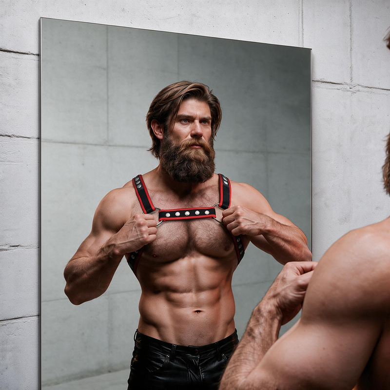 FETISH SUBMISSIVE ATTITUDE - BRUST-BULLDOG-GESCHIRR AUS ÖKOLEDER FÜR HERREN, SCHWARZ/ROT