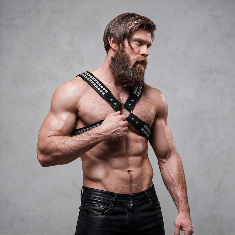 FETISH SUBMISSIVE ATTITUDE - HERREN-HALSBAND AUS ÖKOLEDER MIT GEKREUZTER BRUST UND NIETEN