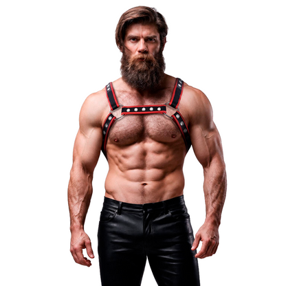 FETISH SUBMISSIVE ATTITUDE - BRUST-BULLDOG-GESCHIRR AUS ÖKOLEDER FÜR HERREN, SCHWARZ/ROT