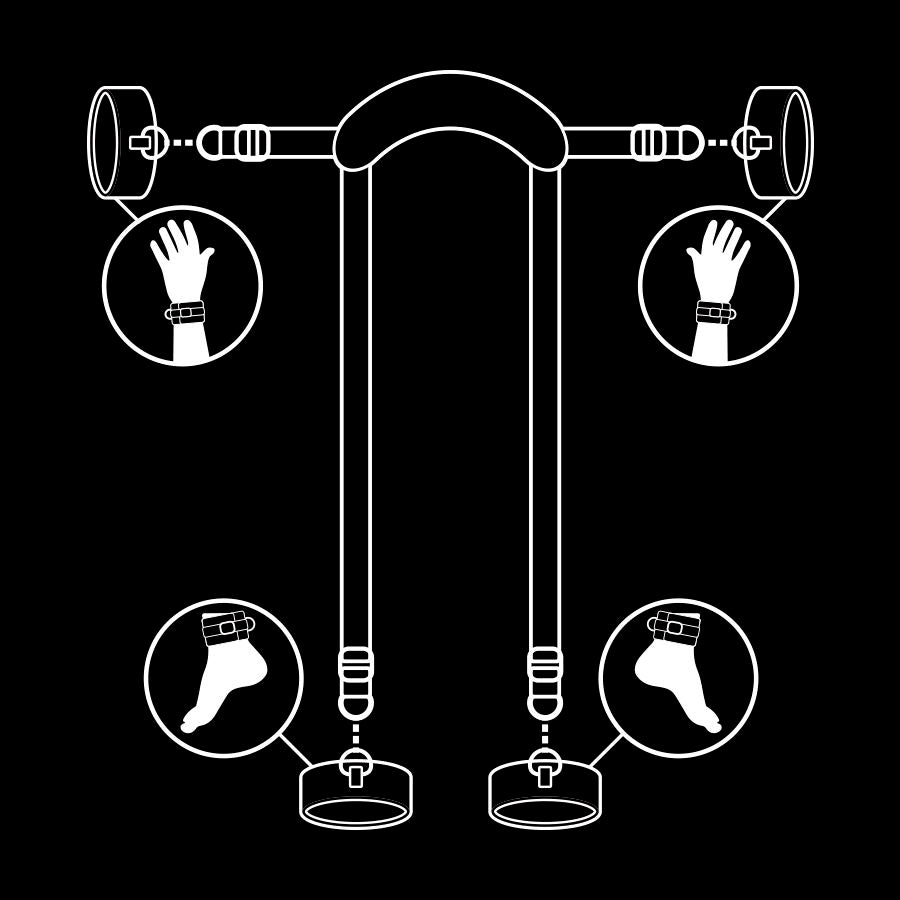 FETISH SUBMISSIVE - MASTER POSITION WITH 4 NEOPRENE-LINED HANDCUFFS