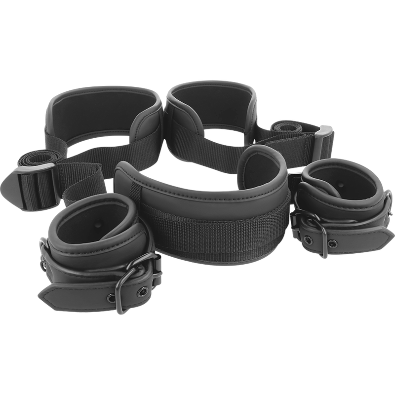FETISH SUBMISSIVE - MASTER POSITION WITH 4 NEOPRENE-LINED HANDCUFFS